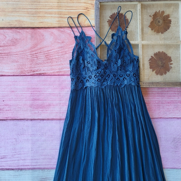 Free People Navy Blue Adella Lace Smocked Back Ruffle Hem Maxi Slip Dress Small - Picture 6 of 11